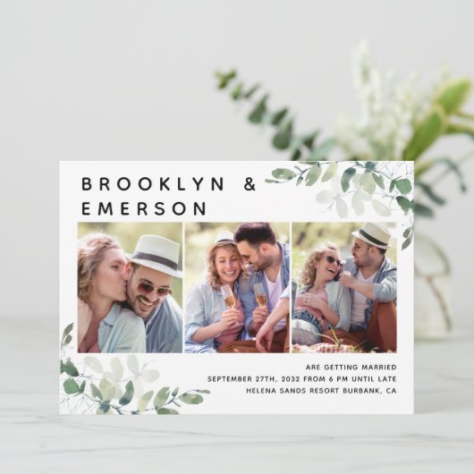 Eukalyptus 3 Foto QR Code Hochzeit Einladung (Stehend Vorderseite)