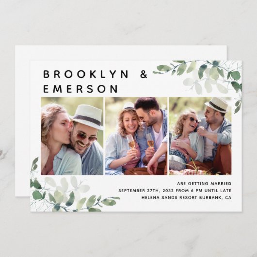 Eukalyptus 3 Foto QR Code Hochzeit Einladung (Vorne/Hinten)