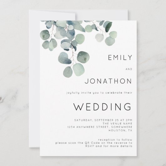 Eukalyptus 3-Fotos QR-Code Hochzeit Einladung (Vorderseite)