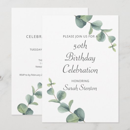 Eukalyptus 50. Geburtstag Einladung (Vorne/Hinten)