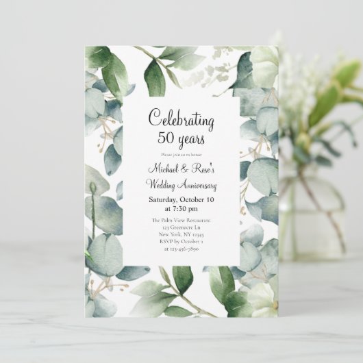 Eukalyptus 50. Hochzeitstag Einladung (Stehend Vorderseite)