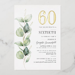 Eukalyptus 60. Geburtstag Grün Wasserfarbe Gold Folieneinladung