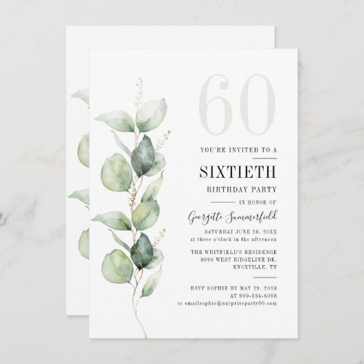 Eukalyptus 60. Geburtstagsparty Einladung (Vorne/Hinten)