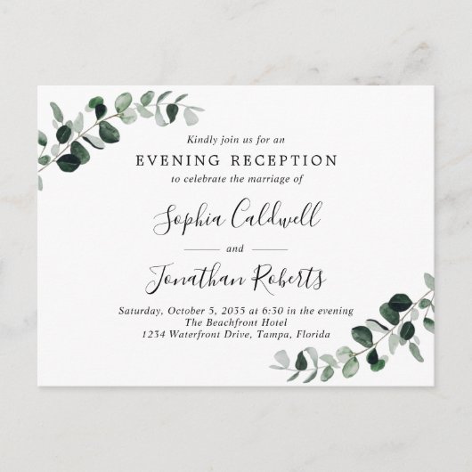 Eukalyptus Abend Hochzeitsempfang Einladung Postkarte (Vorderseite)