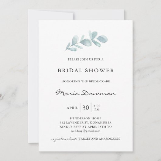 Eukalyptus airy foliage Elegantes Brautparty Inv Einladung (Vorderseite)