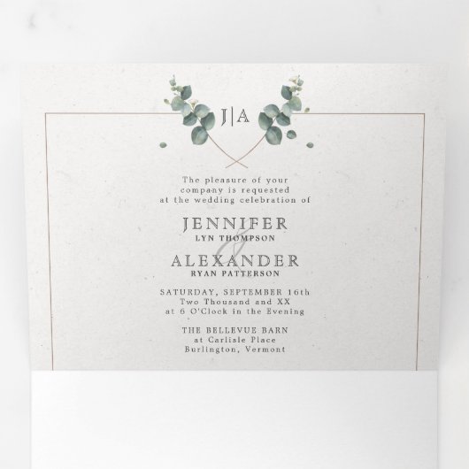 Eukalyptus All in one monogram Wedding Tri-Fold Dreifach Gefaltete Einladung (Innen Erste Seite)
