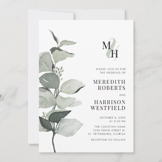 Eukalyptus Ampersand Monogram QR Code Hochzeit Einladung (Vorderseite)