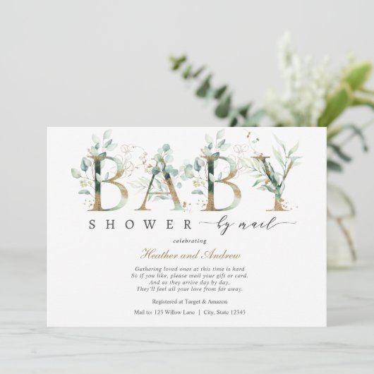 Eukalyptus and Gold Lettering Baby Shooter by Mail Einladung (Stehend Vorderseite)
