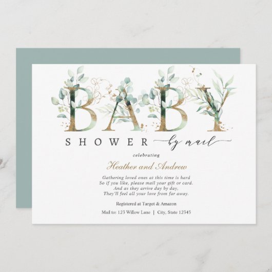 Eukalyptus and Gold Lettering Baby Shooter by Mail Einladung (Vorne/Hinten)