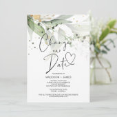 Eukalyptus Ändern Sie das Datum Hochzeit verschobe Einladung (Stehend Vorderseite)