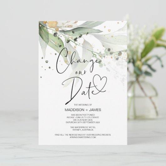 Eukalyptus Ändern Sie das Datum Hochzeit verschobe Einladung (Stehend Vorderseite)