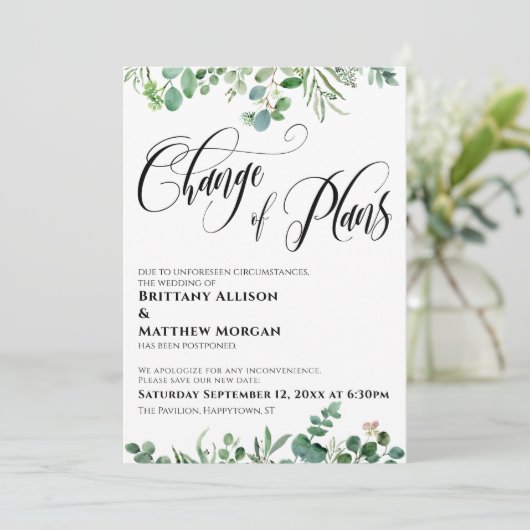 Eukalyptus Änderung der Pläne für verspätete Hochz Einladung (Stehend Vorderseite)