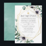Eukalyptus Anemone Geometric Bat Mitzvah Einladung<br><div class="desc">Trendy geometrische Eukalyptusgrün und Mohn Blume in Pastelltönen fledermassen Mitzvah Einladung mit goldenem geometrischem Rahmen und Minze Aquarellwaschung rückwärts.</div>