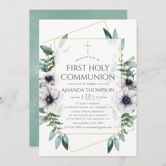 Eukalyptus Anemone Geometric Erste Heilige Kommune Einladung (Vorne/Hinten)