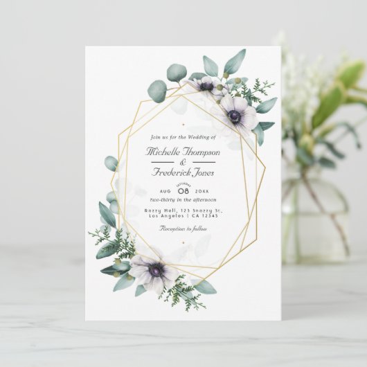 Eukalyptus Anemone Geometric QR Code UAWG Wedding Einladung (Stehend Vorderseite)