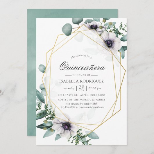 Eukalyptus Anemone Geometric Quinceañera Einladung (Vorne/Hinten)