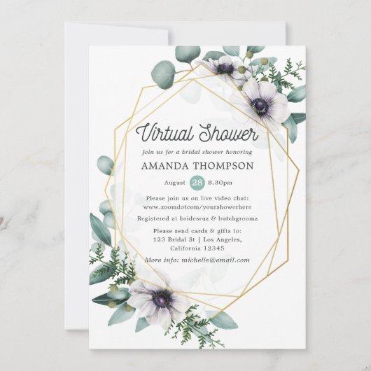 Eukalyptus Anemone Geometric Virtual Brautparty Einladung (Vorderseite)