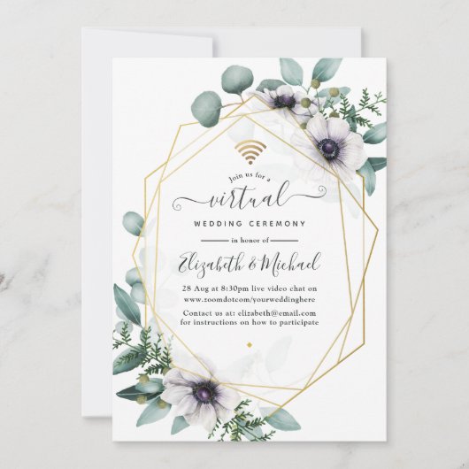 Eukalyptus Anemone Geometric Virtual Wedding Einladung (Vorderseite)