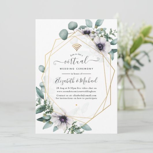 Eukalyptus Anemone Geometric Virtual Wedding Einladung (Stehend Vorderseite)