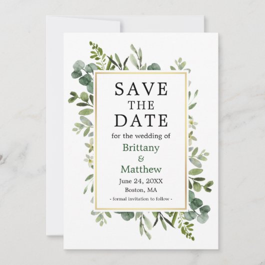 Eukalyptus-Aquarell-Blätter Botanische Vegetation Save The Date (Vorderseite)