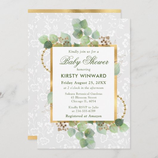 Eukalyptus-Aquarell und Grünpflanzen-Babydusche Einladung (Vorne/Hinten)