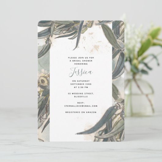 Eukalyptus-Aquarellfarben Blätter Grünes Brautpart Einladung (Stehend Vorderseite)