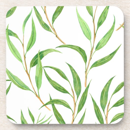 Eukalyptus-Aquarellmuster auf Weiß Getränkeuntersetzer (Vorderseite)