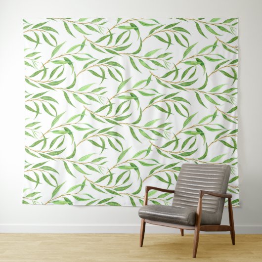 Eukalyptus-Aquarellmuster auf Weiß Wandteppich (Beispiel (Horizontal))