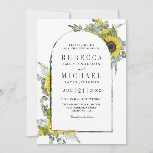 Eukalyptus Arch QR-Code Hochzeit von Sonnenblumen Einladung (Vorderseite)