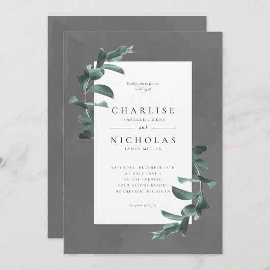 Eukalyptus auf graue Hochzeitseinladung Einladung (Vorne/Hinten)