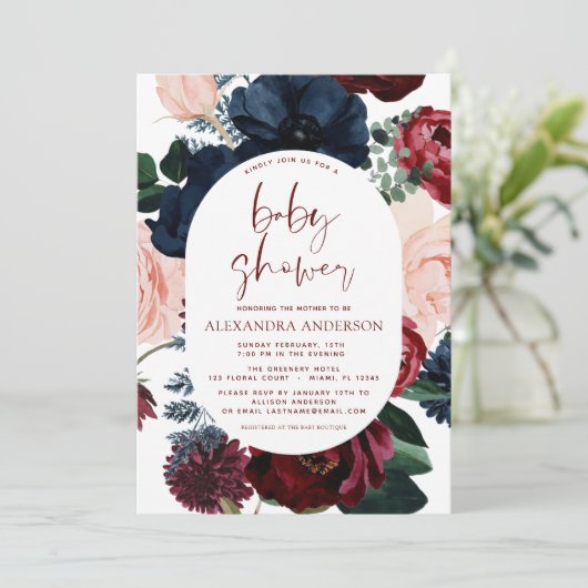 Eukalyptus-Baby-Dusche in Burgundy Navy Blauer Flo Einladung (Stehend Vorderseite)