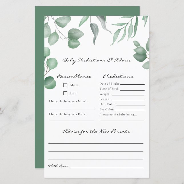 Eukalyptus Baby Shower Game Vorhersagen & Ratschlä (Vorne/Hinten)