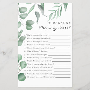Eukalyptus-Baby-Shower-Spiel Wer kennt Mama am bes Flyer