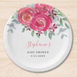 Eukalyptus-Babydusche Pappteller<br><div class="desc">Diese hübschen Baby-Duschpapier-Teller sind mit Aquarellfarben-Rose und Blume in Rosa und lila mit Eukalyptus und anderem Blattwerk. Einfach mit Ihren Daten anpassbar. Weil wir unsere Kunstwerke erstellen,  werden Sie dieses exakte Bild von anderen Designern nicht finden. Original Wasserfarbe © Michele Davies.</div>