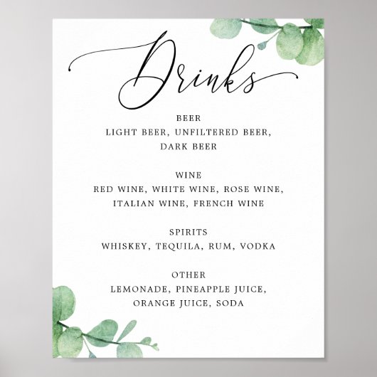 Eukalyptus-Bar-Menüschild | Elegante Hochzeitsgetr Poster (Vorne)