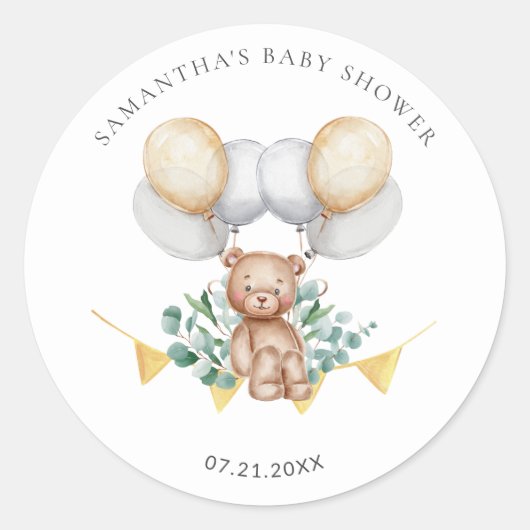 Eukalyptus Bear & Balloons Babydusche Runder Aufkleber (Vorderseite)
