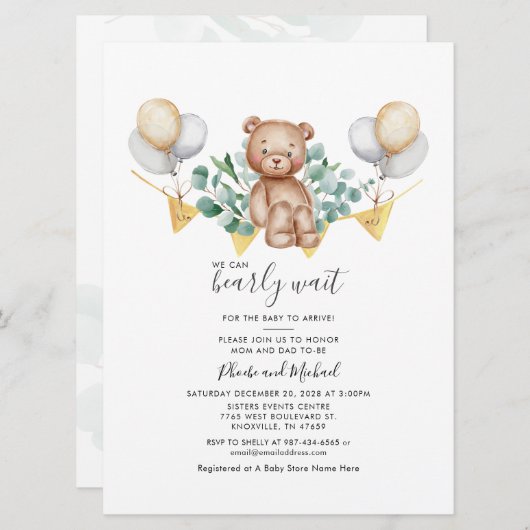 Eukalyptus Bear Couple Baby Shower Greenery Script Einladung (Vorne/Hinten)