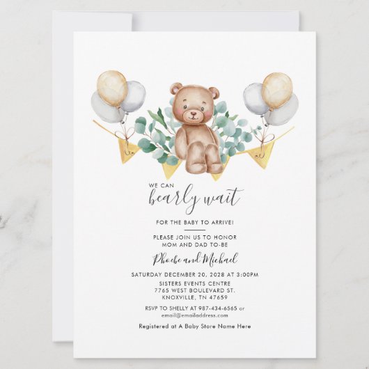 Eukalyptus Bear Couple Baby Shower Greenery Script Einladung (Vorderseite)
