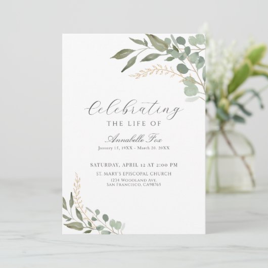 Eukalyptus-Beerdigungsordnung des Dienstprogramms Einladung (Stehend Vorderseite)