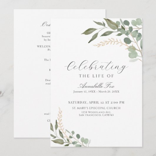 Eukalyptus-Beerdigungsordnung des Dienstprogramms Einladung (Vorne/Hinten)