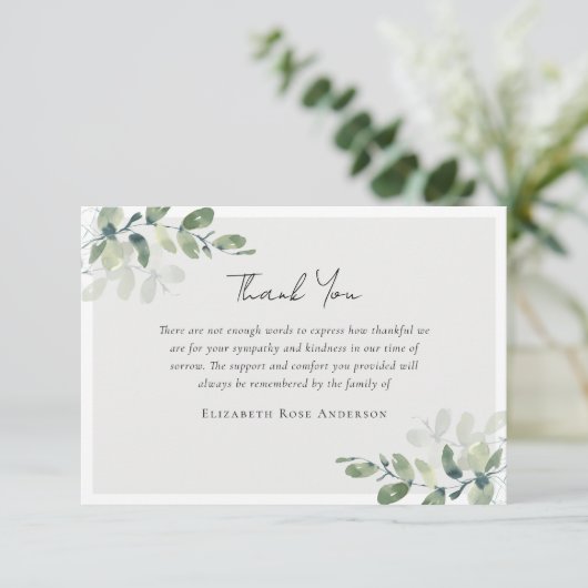 Eukalyptus Beileid Beerdigung Dankeskarte (Stehend Vorderseite)