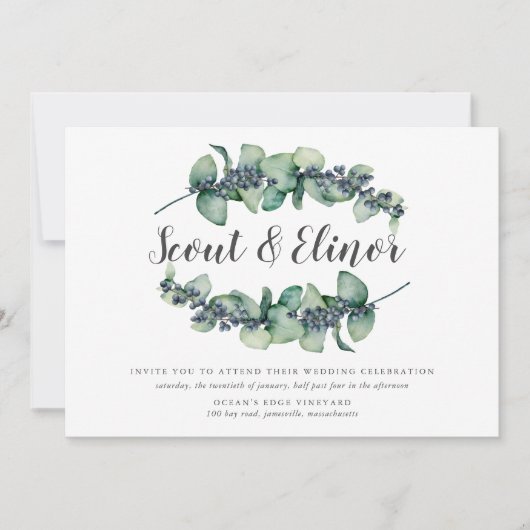 Eukalyptus Berry Minimalistisch Botanische Hochzei Einladung (Vorderseite)