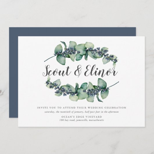 Eukalyptus Berry Minimalistisch Botanische Hochzei Einladung (Vorne/Hinten)