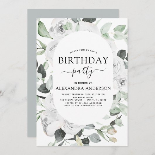 Eukalyptus Birthday Party Blumenkohl-Rose Einladung (Vorne/Hinten)
