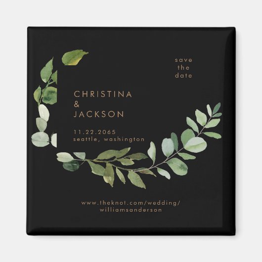 Eukalyptus Black Wedding Square Save the Date Magnet (Vorne)