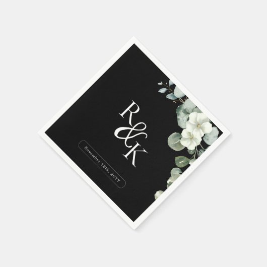 Eukalyptus Black & White Minimalistisch Monogram Serviette (Ecke)