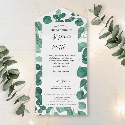 Eukalyptus-Blätter Botanische Hochzeit All In One Einladung