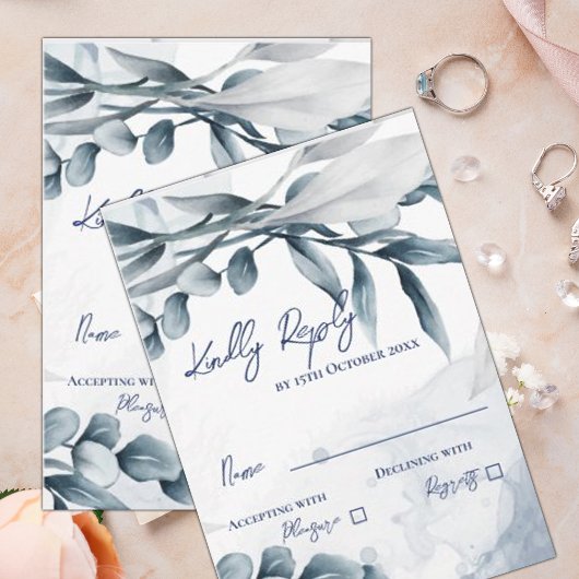 Eukalyptus Blätter Dusty Blue Elegante Hochzeit RSVP Karte