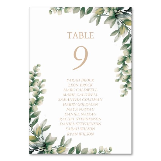 Eukalyptus-Blätter Elegante Tafelkarte Tischnummer (Vorderseite)