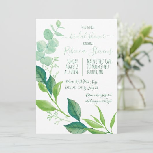 Eukalyptus-Blätter für Wasserfarben Brautparty Einladung (Stehend Vorderseite)